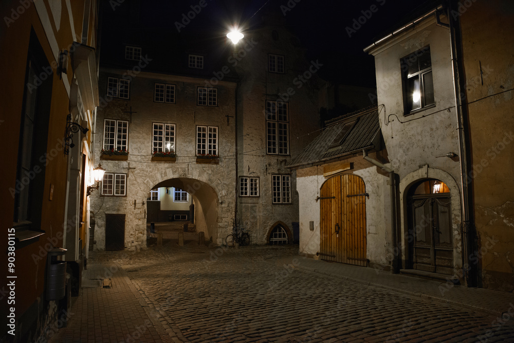 Night street in the old city of Riga