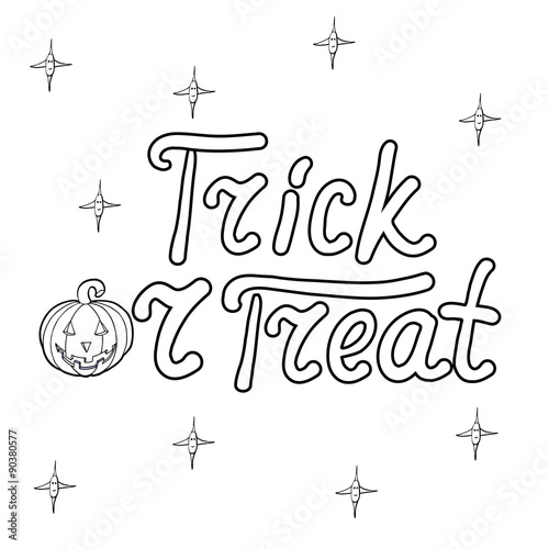 Cartoon word trick or treat and pumpkin isolated on white backgr