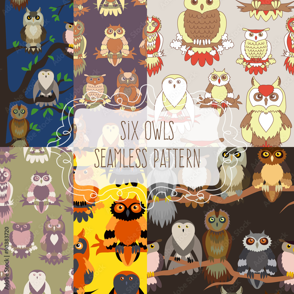 Naklejka premium Set of six seamless patterns with birds. 