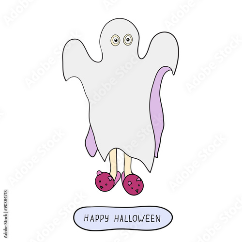 Cartoon ghost in badspread isolated on white background