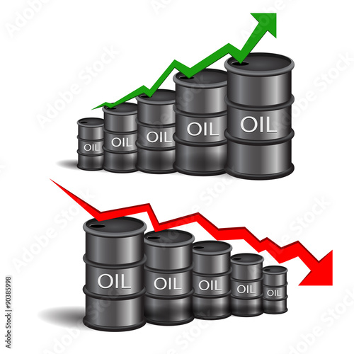 Vector black oil barrel with red and green arrows on white backg
