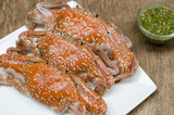 steamed crabs on wood background