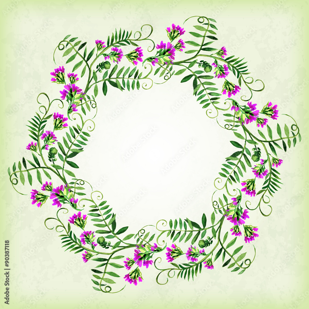 Vector round frame with watercolor herbs
