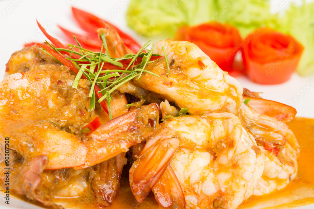 Curry fried shrimps and cooked rice Curry fried shrimps and cooked rice