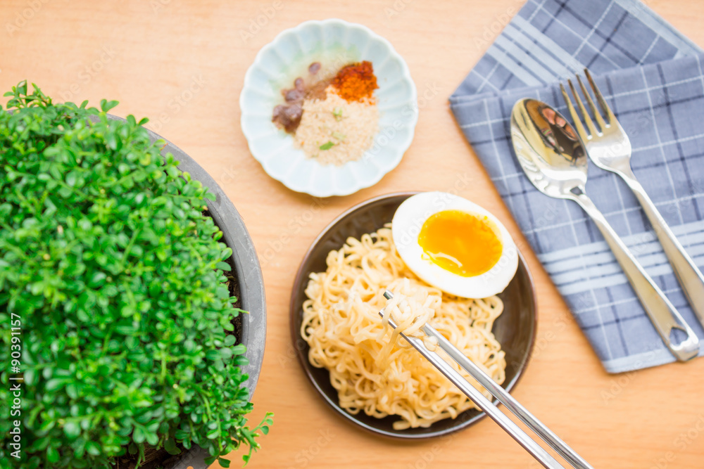 Noodles and eggs on the table ready to eat foods, beautiful composition.