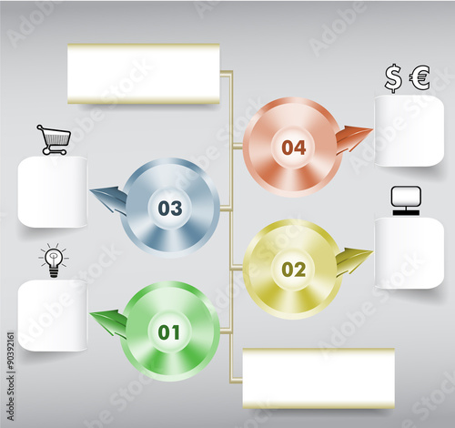 Infographics step by step template with paper notepads, metal discs, icons and arrows