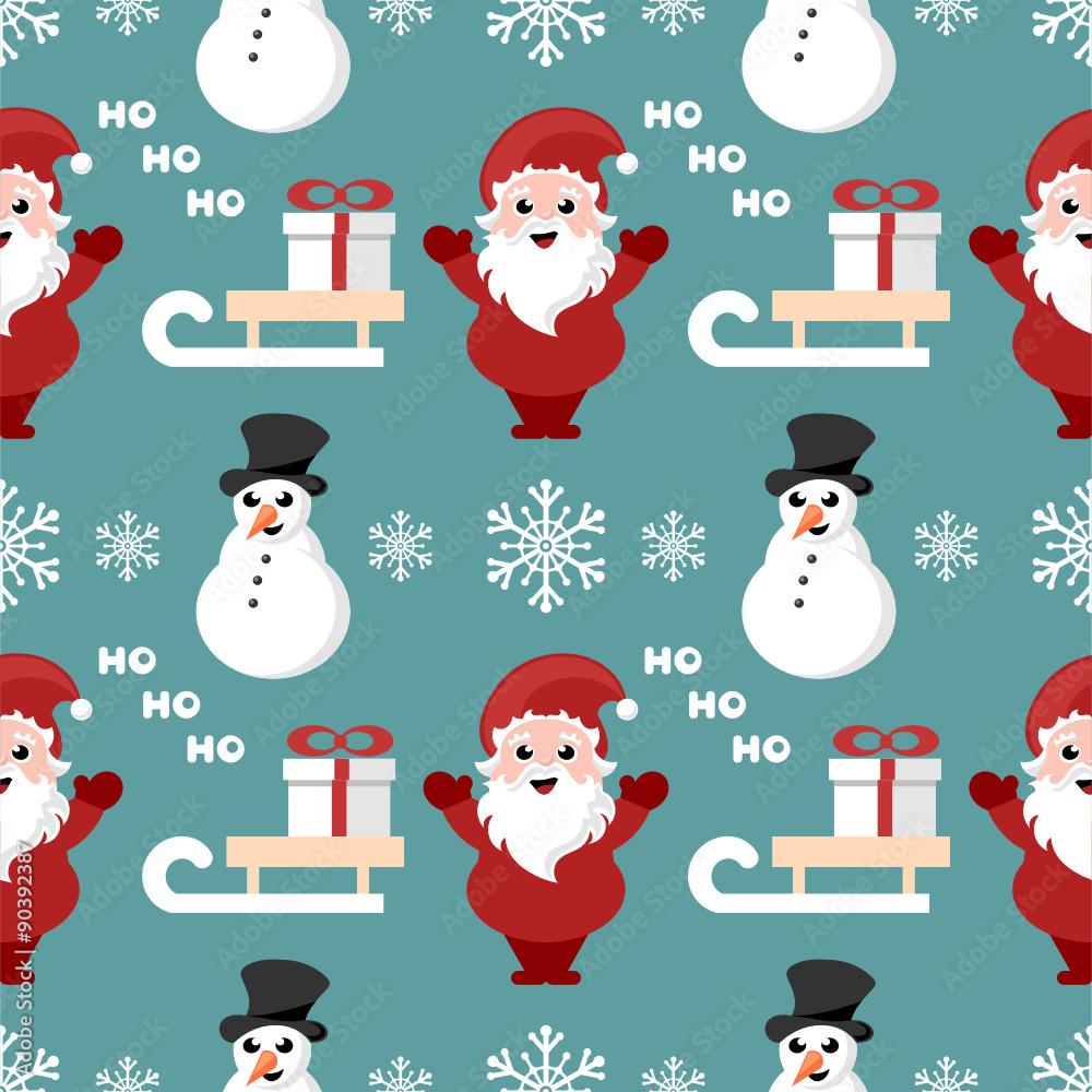 repeating pattern with santa claus, snowman and sledge