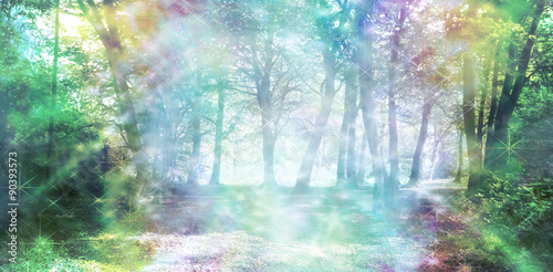 Magical Spiritual Woodland Energy - rainbow colored woodland scene with streams of sparkling light 
