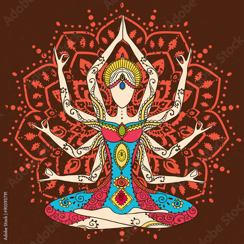 Ornament beautiful card with Vector yoga Geometric element hand drawn Types practices is Raja, Karma, Jnana, Bhakti, Hatha, kaleidoscope medallion yoga india arabic For logos banners flyers