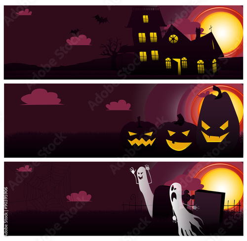 Halloween banners with old house, Jack-o'-lanterns, gravestones and ghosts.