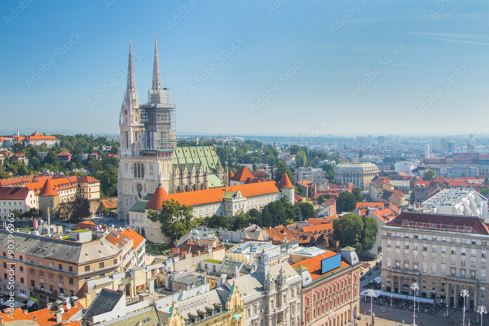 Jelacic square and catholic cathedral in the center of Zagreb, Croatia, panoramic view