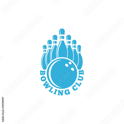 Bowling club logo. blue sport emblem with ball and ninepins, bowling alley tournament banner