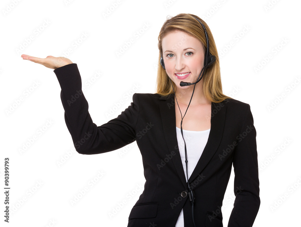 Customer services operator with open hand plam Customer services operator with open hand plam