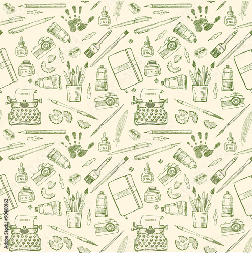 Seamless pattern with artist and writer tools. 