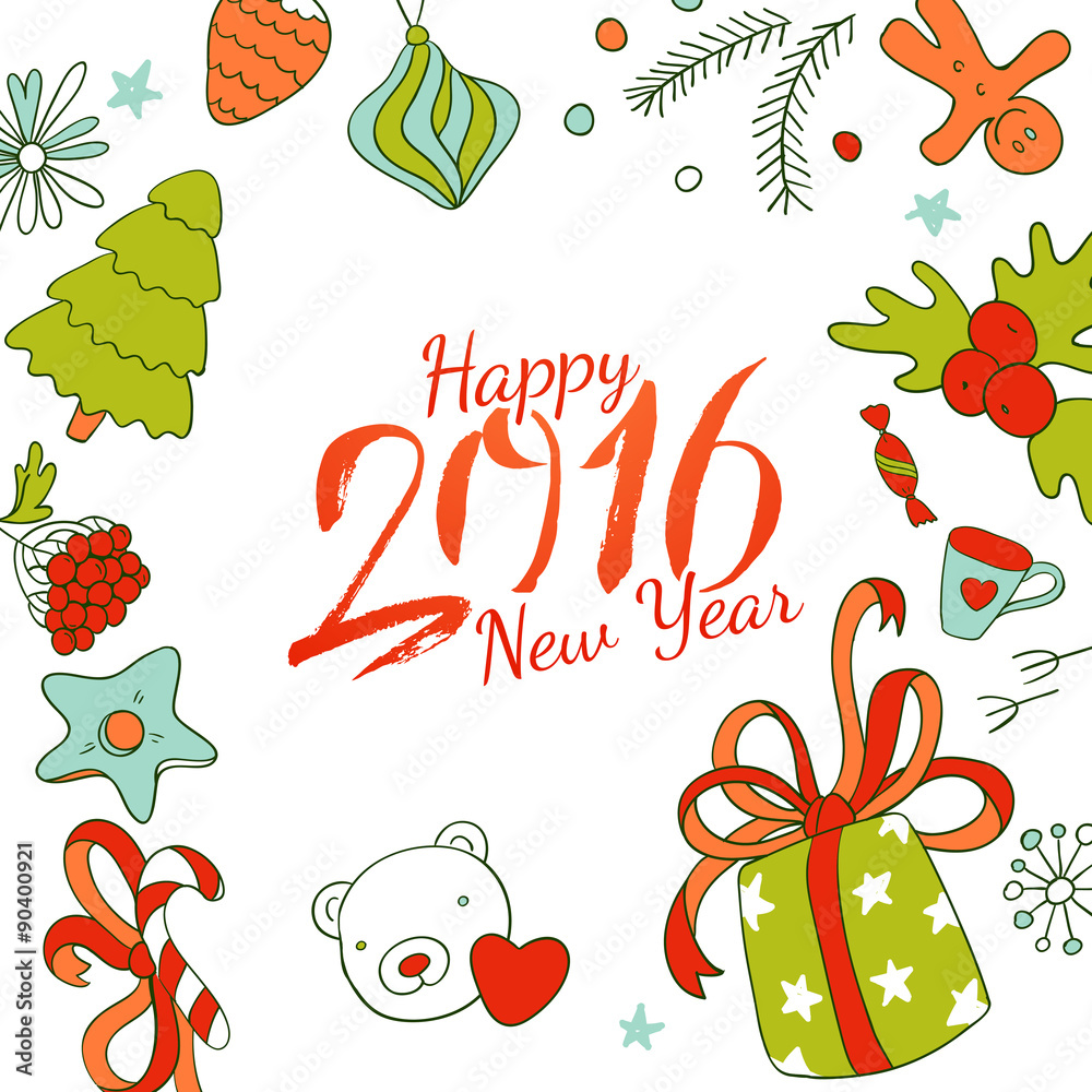 Naklejka premium Doodle and calligraphy 2016 year card design
