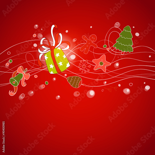 Red multylayered card with Christmas drawing elements photo