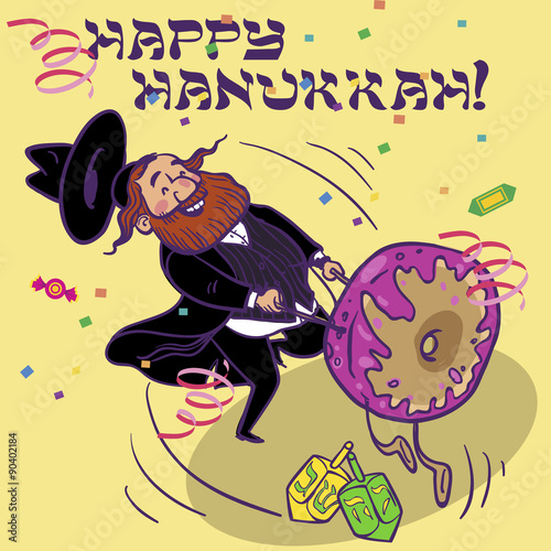 Funny Happy Hanukkah greeting card. Vector illustration
