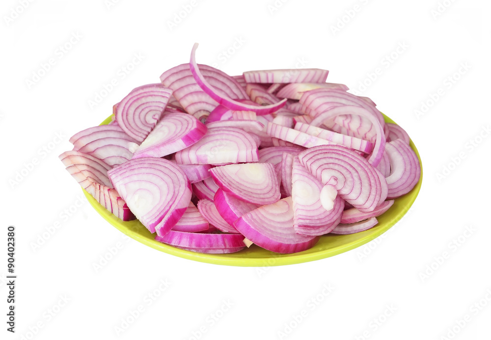 Slised red onion on plate, isolated on white background Slised red onion on plate, isolated on white background