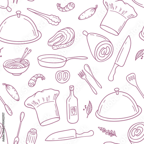 Outline seamless pattern with hand drawn food. Background for