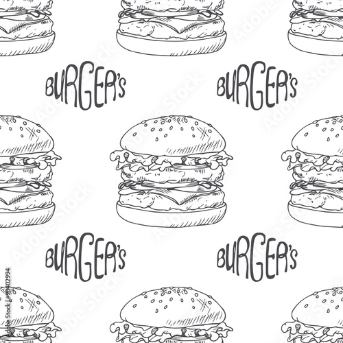 Seamless pattern with hand drawn burger  cheeseburger or
