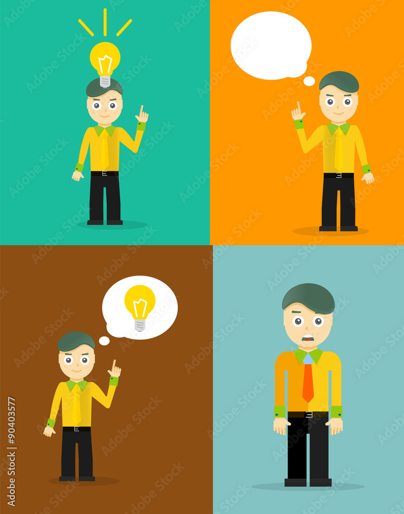 Young businessman thinking of his ideas. Set of flat design Young businessman thinking of his ideas. Set of flat design
