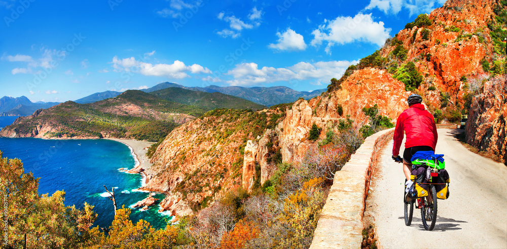 Naklejka premium cycling in Corsica mountains. Healthy lifestyle. outdoor sport activity