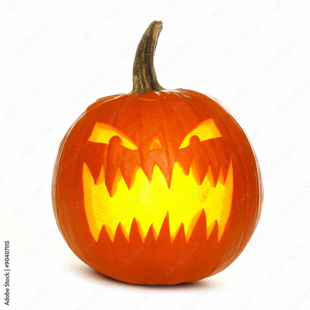 Fototapeta premium Illuminated Halloween Jack o Lantern isolated on a white background