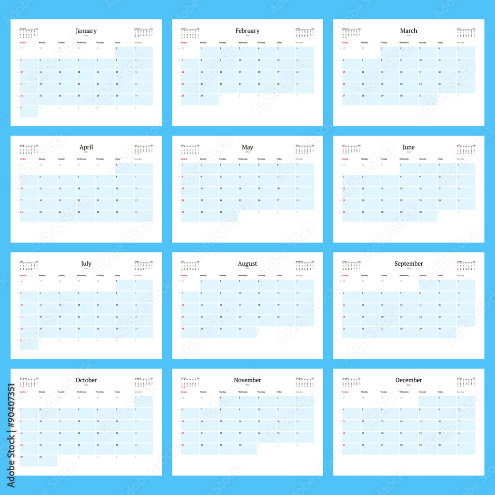 Monthly Calendar Planner for 2016. Print Template Set of 12 Months. Week Starts Sunday. Vector Illustration