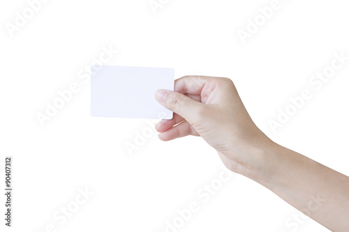 Woman hand holding a white card isolated on white background