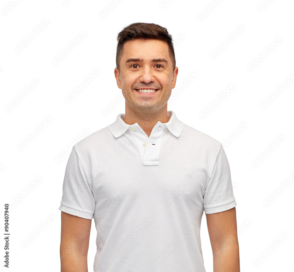 smiling man in white blank polo t-shirt smiling man in white blank polo t-shirt