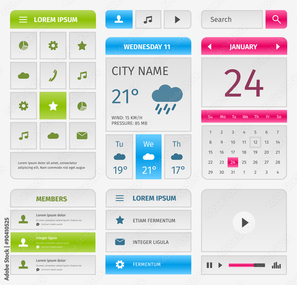Colorful set of mobile interface elements on gray.