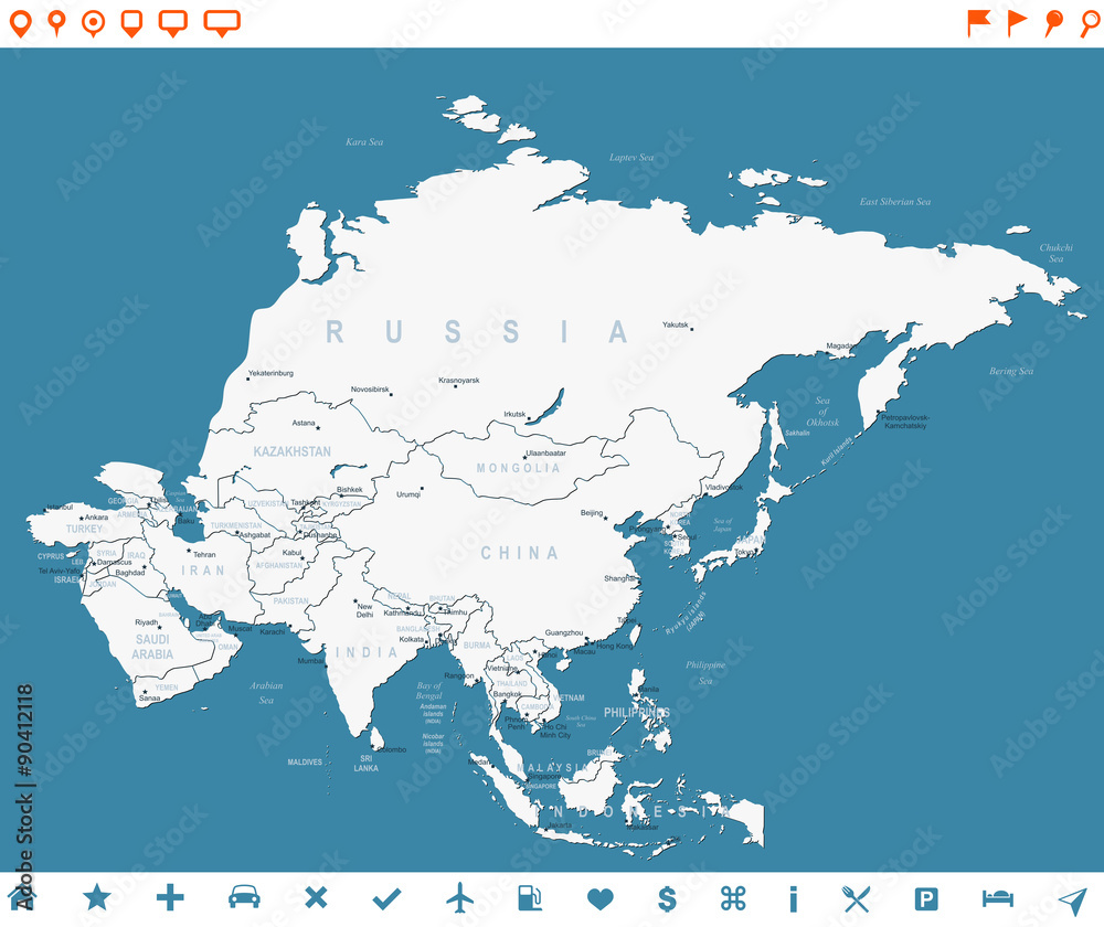 Asia map - highly detailed vector illustration. Image contains land contours, country and land names, city names, water object names, navigation icons.