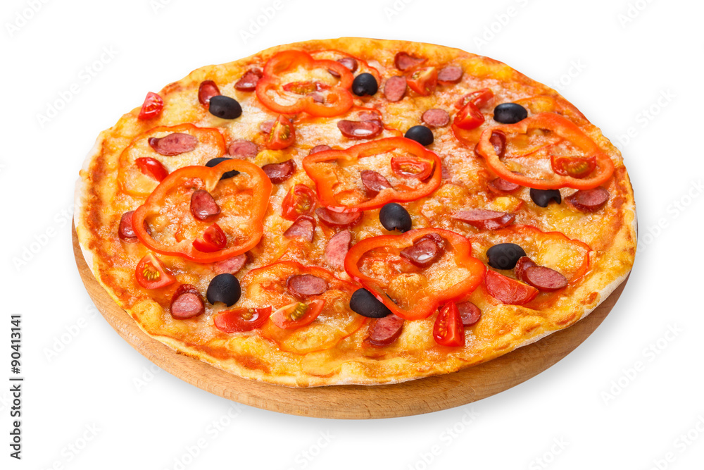 Delicious pizza with sausages, peppers and olives Delicious pizza with sausages, peppers and olives