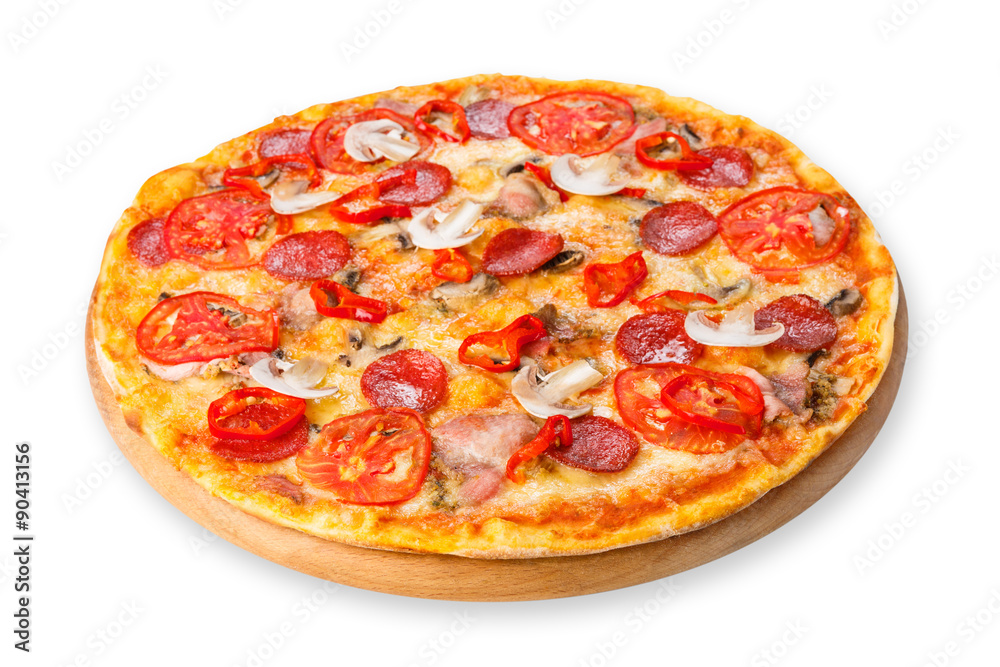 Delicious pizza with mushrooms, chili and pepperoni