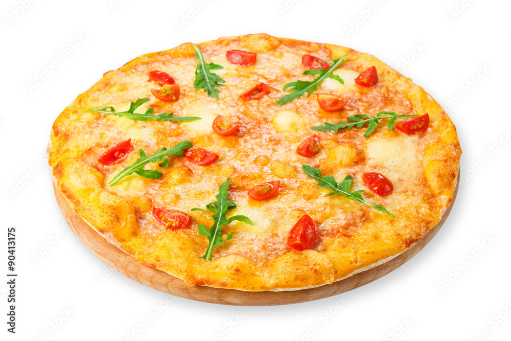 Delicious pizza with cherry tomatoes, mozzarella and fresh arugu
