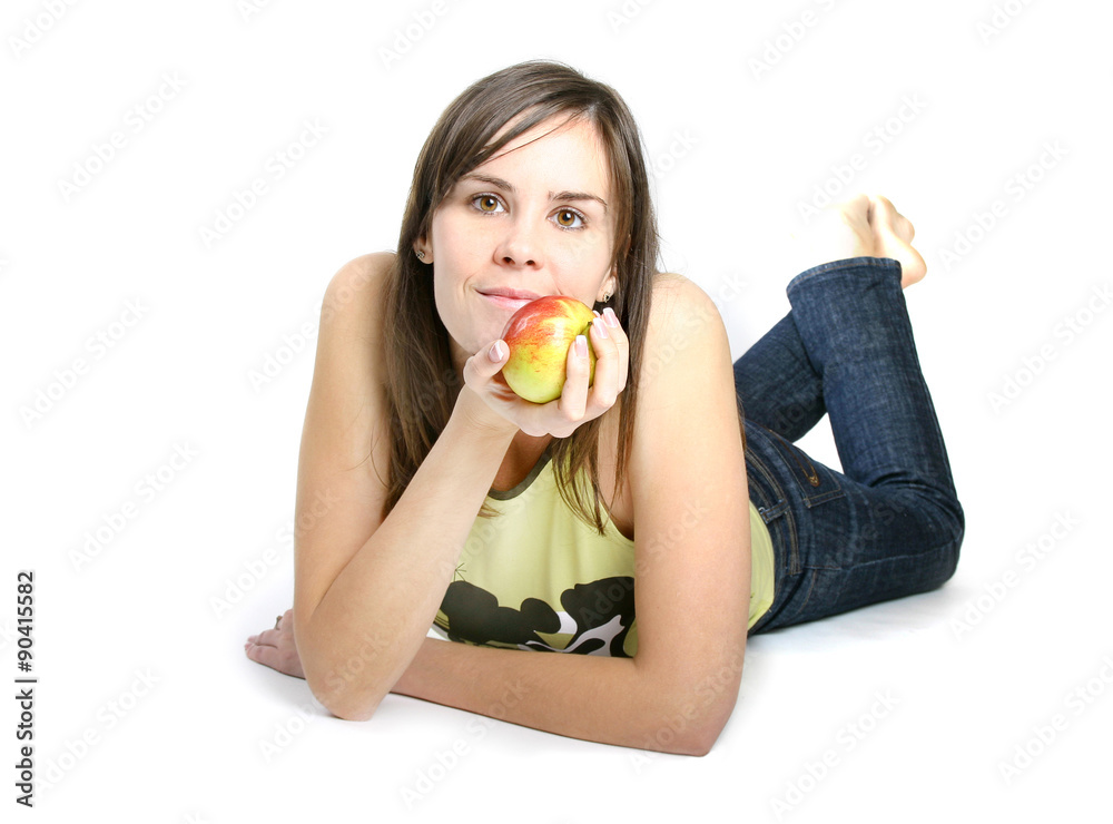 Cute young lady holding red apple. Cute young lady holding red apple.