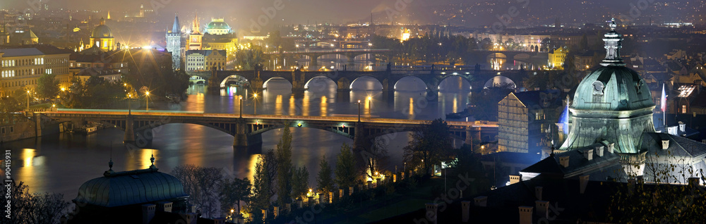Prague at night, view of Bridges on Vltava.