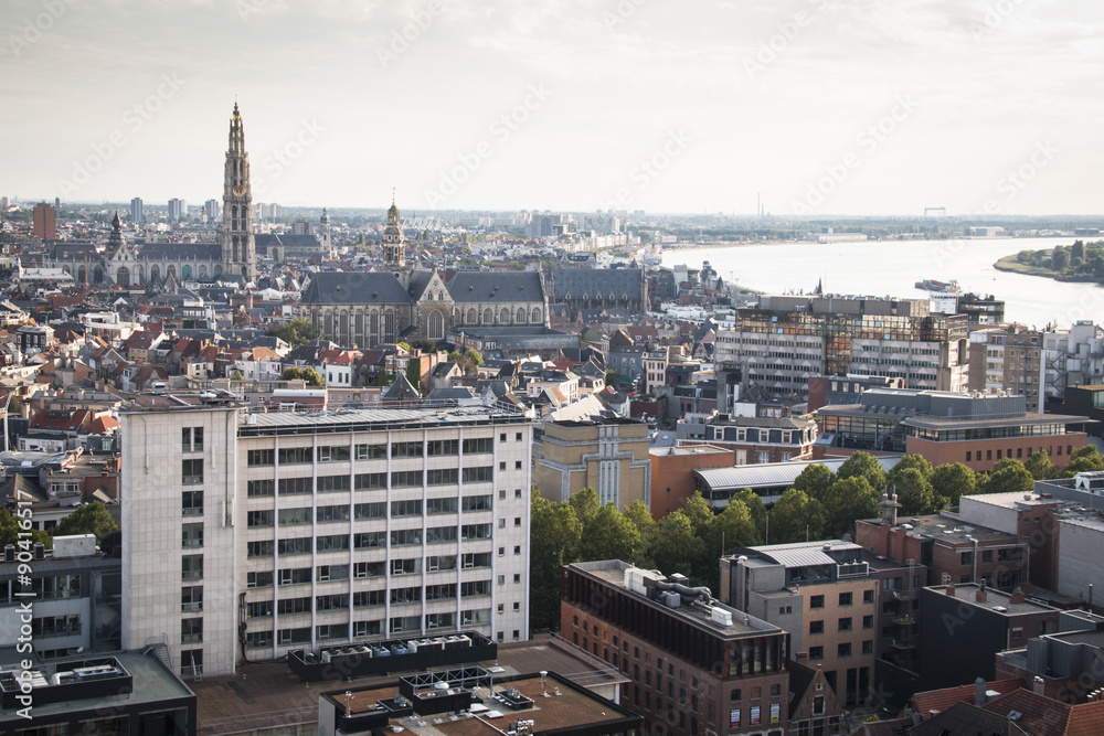 The skyline of Antwerp in Belgium seen from the roof of the MAS museum with the cathedral in the background
