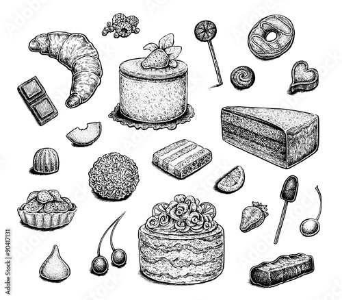 Collection of hand drawn ink desserts.