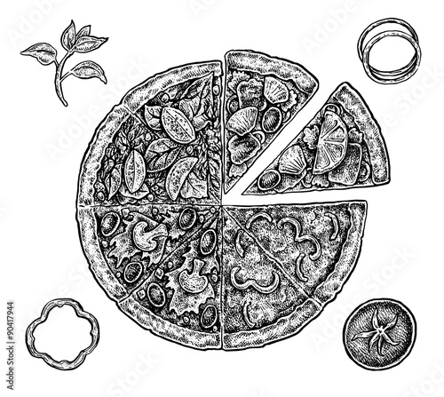 Set of hand drawn ink pizza and ingredients. Black and white vec