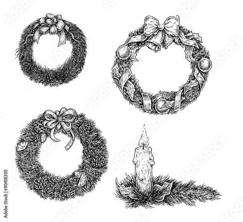 Set of Christmas design elements. Hand draw ink Xmas wreaths.