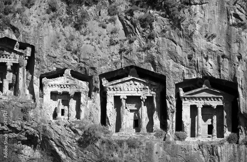 Lycian Tombs of ancient Caunos city, Dalyan, Turkey. Toned photo