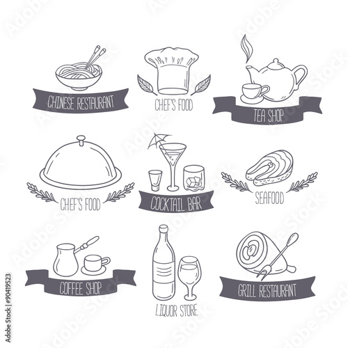 Hand drawn food and drinks labels templates for menu or cafe des