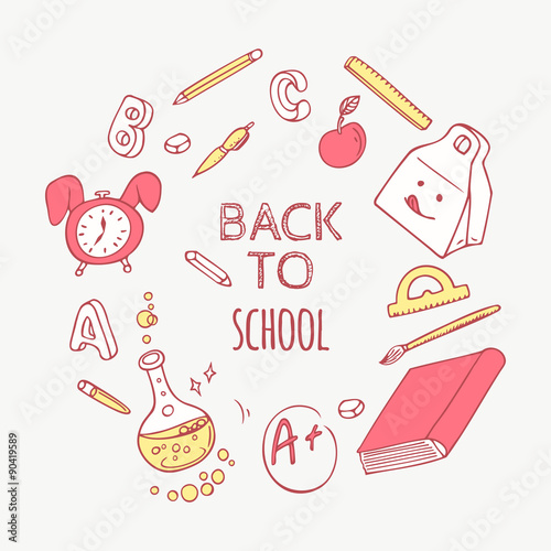 Back to school doodle objects background. Hand drawn school supplies