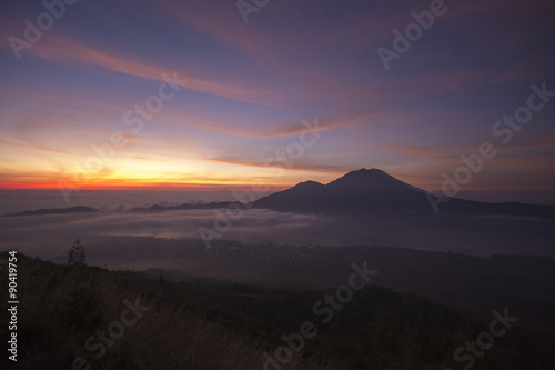 Fantastic view from the Mount Batur at sunrise in the morning