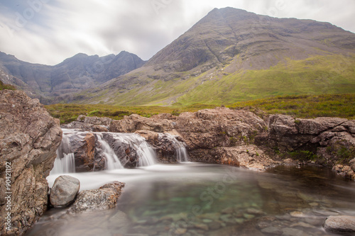 Famous Fairy Pools with Cuilin Mountains on the background, Isle of Skye, Scotland