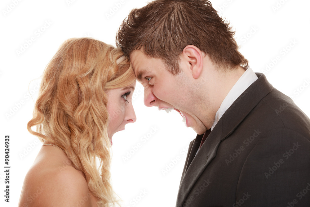 Angry woman man yelling at each other. Fury bride groom. Angry woman man yelling at each other. Fury bride groom.