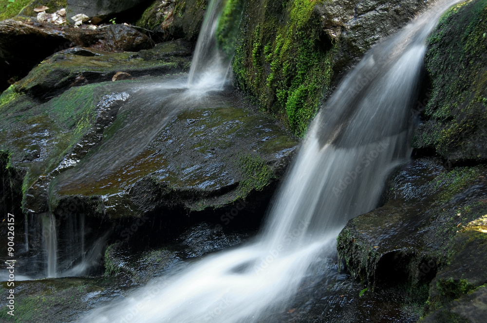 Fototapeta premium Double Waterfalls and Green Moss Covered Rocks