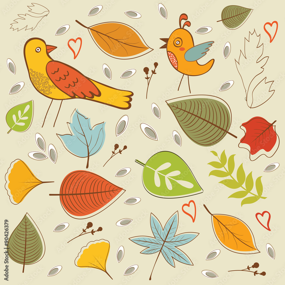 Autumn pattern with birds, flowers and leaves Autumn pattern with birds, flowers and leaves