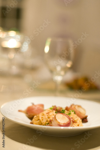 Bacon wrapped scallops and Fettuccine as a main course